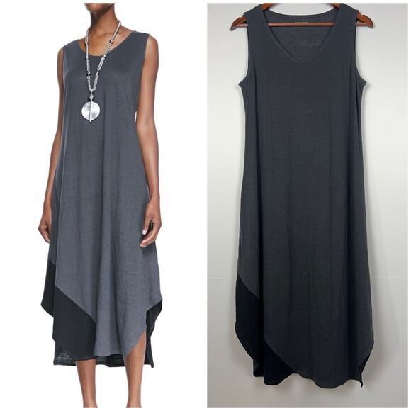 Eileen Fisher Organic Linen Sleeveless Asymmetrical Midi Dress Gray Minimalist S - Picture 1 of 10